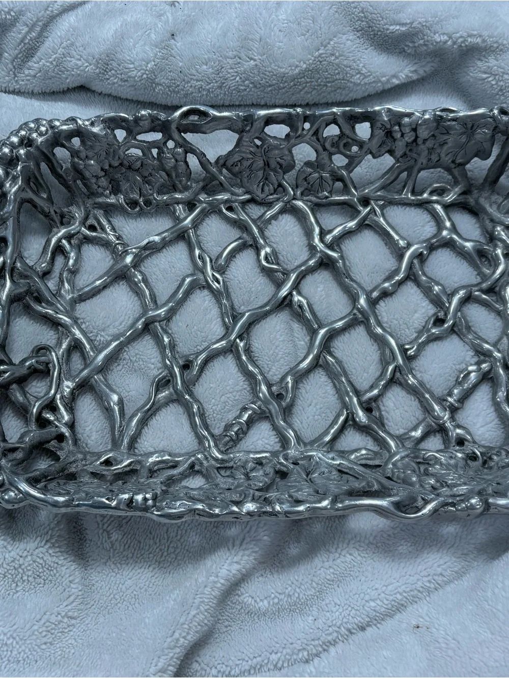 Vintage Rectangular Cast Aluminum Grape Vine Lattice Basket Tray